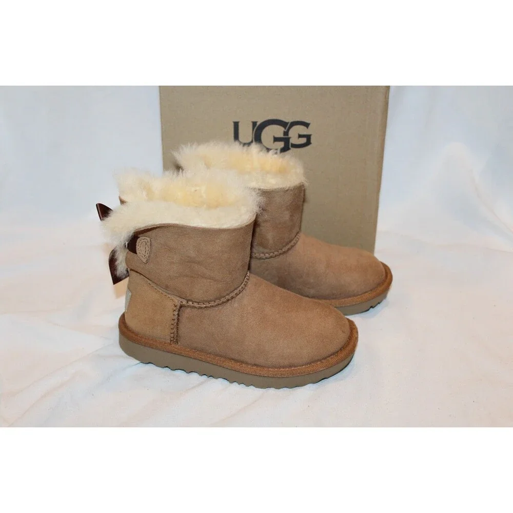 UGG TODDLER CHESTNUT SZ 11 MINI BAILEY BOW SUEDE SHEARLING LINED BOOTS‎ NEW